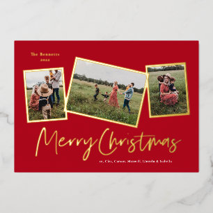 Tarjeta Festiva Con Relieve Metalizado Simple Script Merry Christmas 3 Photo Collage Gold