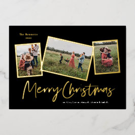 Tarjeta Festiva Con Relieve Metalizado Simple Script Merry Christmas 3 Photo Collage Gold