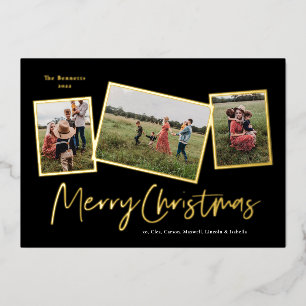 Tarjeta Festiva Con Relieve Metalizado Simple Script Merry Christmas 3 Photo Collage Gold