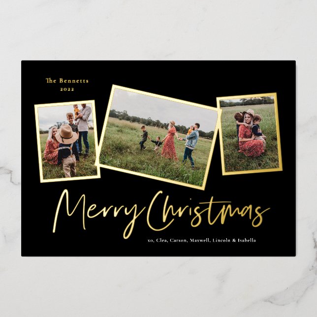 Tarjeta Festiva Con Relieve Metalizado Simple Script Merry Christmas 3 Photo Collage Gold (Anverso)