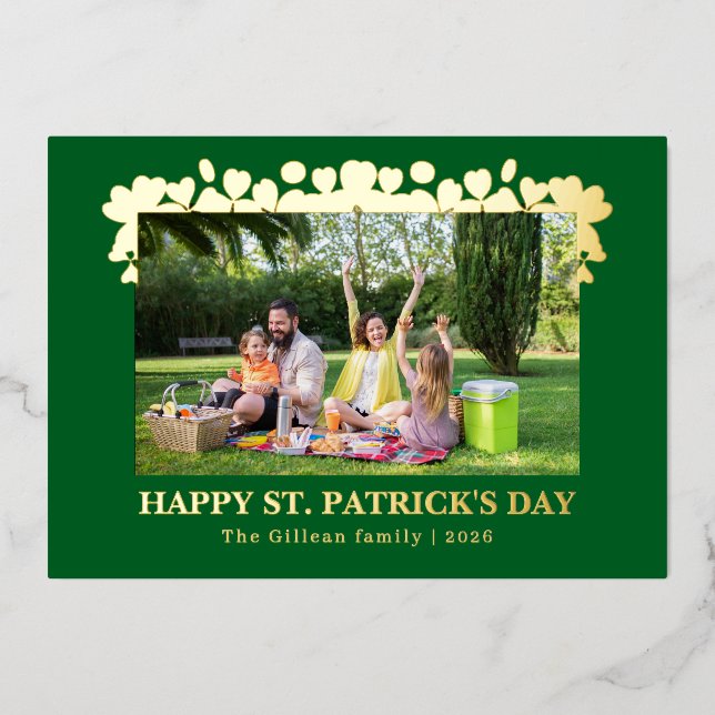Tarjeta Festiva Con Relieve Metalizado Simple St patricks day Shamrocks family photo (Anverso)