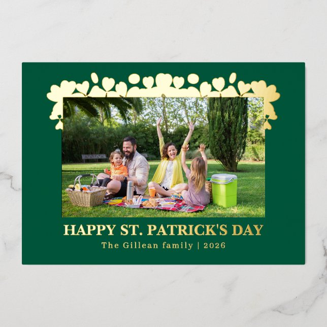 Tarjeta Festiva Con Relieve Metalizado Simple St patricks day Shamrocks family photo (Anverso)