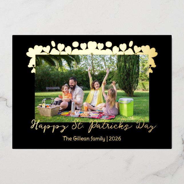 Tarjeta Festiva Con Relieve Metalizado Simple St patricks day Shamrocks family photo (Anverso)