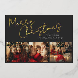 Tarjeta Festiva Con Relieve Metalizado Simple Three Photo Christmas Card