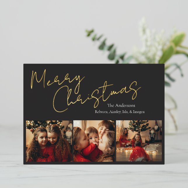 Tarjeta Festiva Con Relieve Metalizado Simple Three Photo Christmas Card (Anverso de pie)