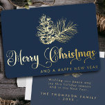 Tarjeta Festiva Con Relieve Metalizado Simple y elegante guión botánico de navidad<br><div class="desc">Trae un toque de lujo a sus saludos de vacaciones con la tarjeta navideña de Relieve metalizado navideña Minimalista azul marino y oro. Esta elegante tarjeta presenta un fondo azul marino profundo con una tipografía de Relieve metalizado dorado brillante, perfectamente complementada con ilustraciones botánicos vintage de pinecones y ramas de...</div>