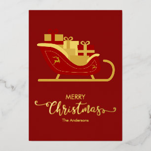 Tarjeta Festiva Con Relieve Metalizado Sleigh de Nochebuena de la Feliz Navidad Roja