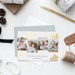 Tarjeta Festiva Con Relieve Metalizado Snowdrop 4 Photo Collage Merry Christmas<br><div class="desc">Unique modern holiday card design features four favorite photos arranged side by side with oversized gold foil snowflake silhouettes in the background. Personalize with your custom holiday greeting and family name(s) beneath in classic lettering; shown with "Merry Christmas."</div>