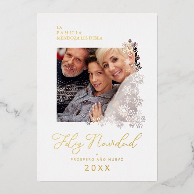 Tarjeta Festiva Con Relieve Metalizado Snowflakes Spanish Modern Elegant Chic Christmas  (Anverso)