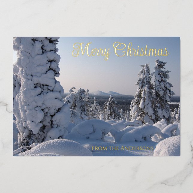 Tarjeta Festiva Con Relieve Metalizado Snowley Winter Landscape Feliz Navidad (Anverso)