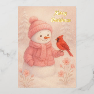 Tarjeta Festiva Con Relieve Metalizado Snowwoman with Red Bird Christmas