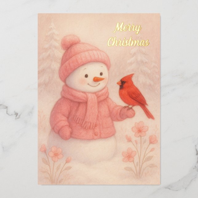 Tarjeta Festiva Con Relieve Metalizado Snowwoman with Red Bird Christmas  (Anverso)