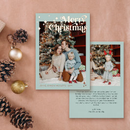 Tarjeta Festiva Con Relieve Metalizado Soft Mint Retro Font Flares Photo Merry Christmas