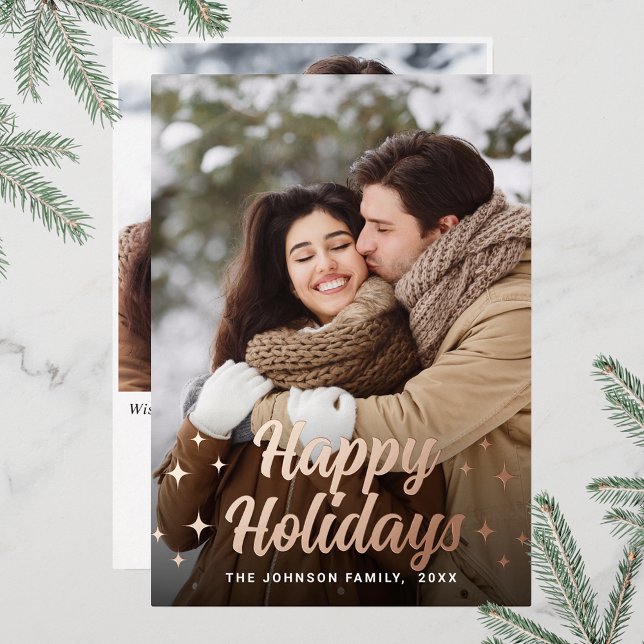 Tarjeta Festiva Con Relieve Metalizado Sparkle Merry Christmas 2 FOTO Greet Rosa Gold (Customizable Christmas holiday greeting photo card with real foil print.)