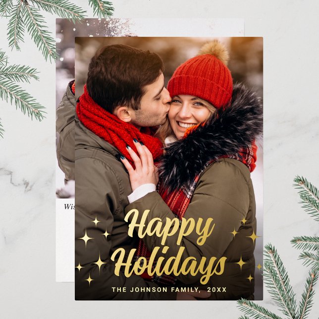 Tarjeta Festiva Con Relieve Metalizado Sparkle Merry Christmas 2 FOTO Saludo al oro (Customizable Christmas holiday greeting photo card with real foil print.)