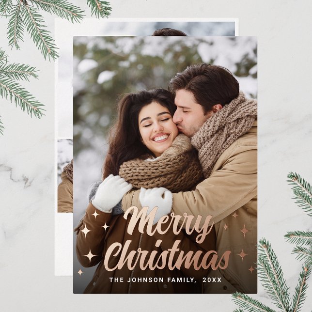 Tarjeta Festiva Con Relieve Metalizado Sparkle Merry Christmas 4 FOTO Greet Rosa Gold (Customizable Christmas holiday greeting photo card with real foil print.)