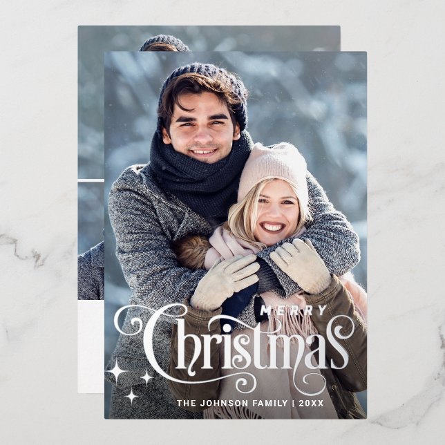 Tarjeta Festiva Con Relieve Metalizado Sparkle Merry Christmas 4 FOTO Grey de bienvenida (Anverso/Reverso)