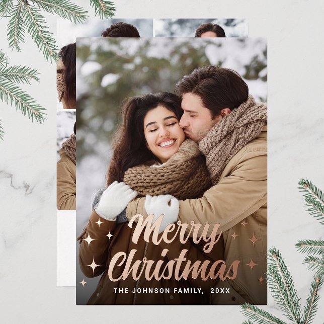 Tarjeta Festiva Con Relieve Metalizado Sparkle Merry Christmas 5 Fofa Greet Rosa Gold (Customizable Christmas holiday greeting photo card with real foil print.)
