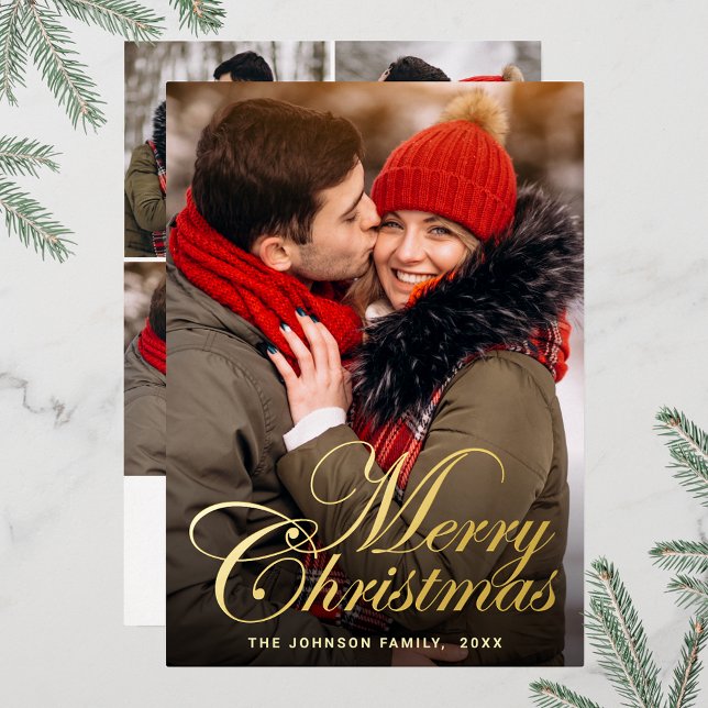 Tarjeta Festiva Con Relieve Metalizado Sparkle Merry Christmas 5 FOTO Saludar el oro (Customizable Christmas holiday greeting photo card with real foil print.)