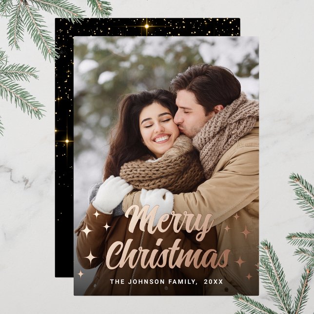 Tarjeta Festiva Con Relieve Metalizado Sparkle Merry Christmas FHOTO Saludo a Rosa Gold (Customizable Christmas holiday greeting photo card with real foil print.)