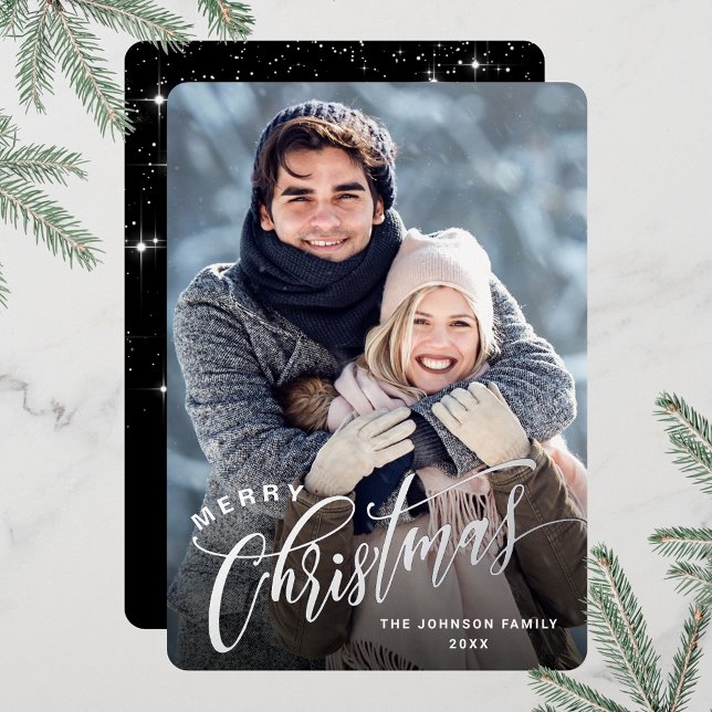 Tarjeta Festiva Con Relieve Metalizado Sparkle Merry Christmas FOTO Grey (Customizable Christmas holiday greeting photo card with real foil print.)