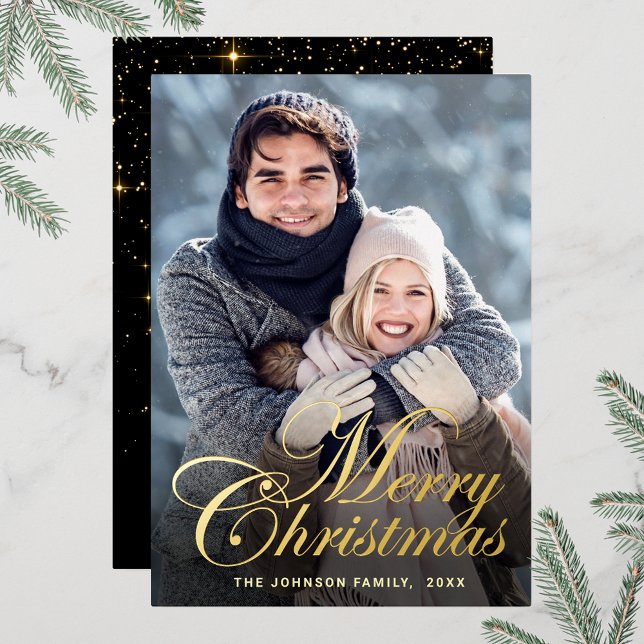 Tarjeta Festiva Con Relieve Metalizado Sparkle Merry Christmas FOTO Grey Gold (Customizable Christmas holiday greeting photo card with real foil print.)