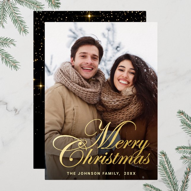 Tarjeta Festiva Con Relieve Metalizado Sparkle Merry Christmas FOTO Grey Gold (Customizable Christmas holiday greeting photo card with real foil print.)