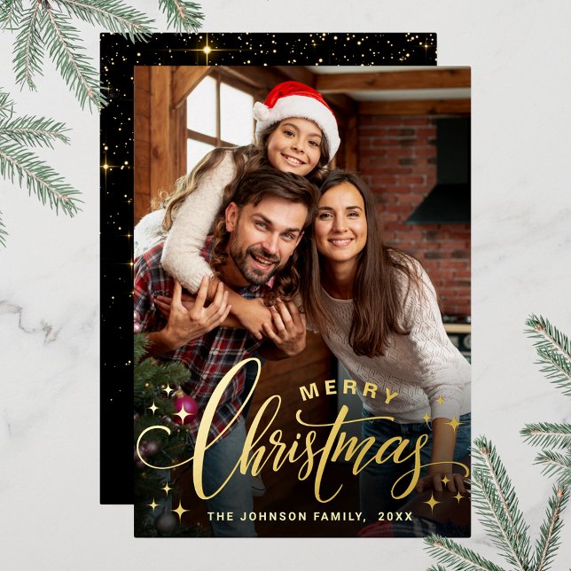 Tarjeta Festiva Con Relieve Metalizado Sparkle Merry Christmas FOTO Grey Gold (Customizable Christmas holiday greeting photo card with real foil print.)