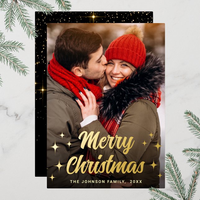 Tarjeta Festiva Con Relieve Metalizado Sparkle Merry Christmas FOTO Grey Gold (Customizable Christmas holiday greeting photo card with real foil print.)