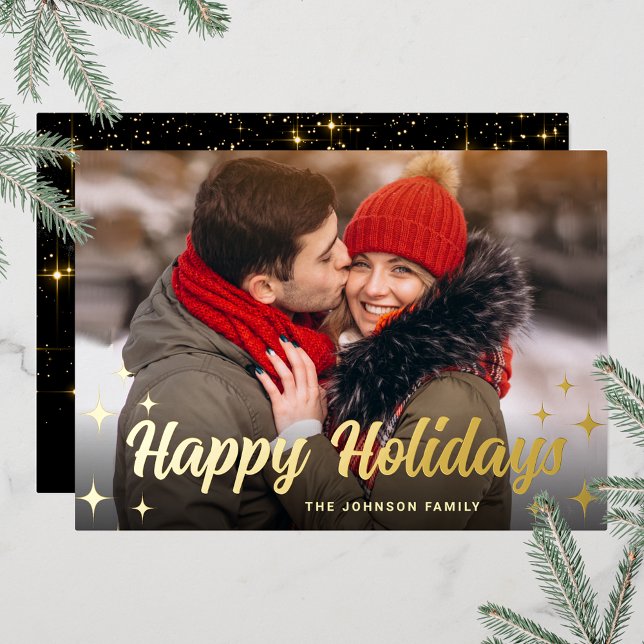 Tarjeta Festiva Con Relieve Metalizado Sparkle Merry Christmas FOTO Grey Gold (Customizable Christmas holiday greeting photo card with real foil print.)
