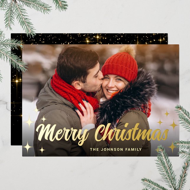 Tarjeta Festiva Con Relieve Metalizado Sparkle Merry Christmas FOTO Grey Gold (Customizable Christmas holiday greeting photo card with real foil print.)