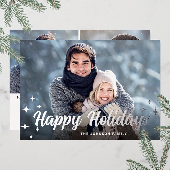 Tarjeta Festiva Con Relieve Metalizado Sparkle Navidades 3 FOTOGRAFÍAS Saludo Plata (Customizable Christmas holiday greeting photo card with real foil print.)