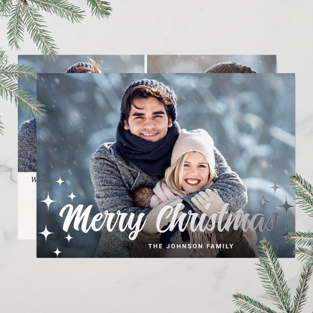 Tarjeta Festiva Con Relieve Metalizado Sparkle Navidades 3 FOTOGRAFÍAS Saludo Plata (Customizable Christmas holiday greeting photo card with real foil print.)