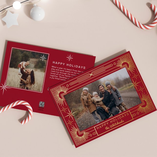 Tarjeta Festiva Con Relieve Metalizado Star Art Deco Photo Happy Holiday (Snowflake art deco berry holly photo holiday card perfect elegant Christmas card.)