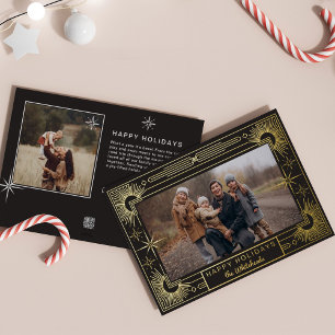 Tarjeta Festiva Con Relieve Metalizado Star Art Deco Photo Happy Holiday Black