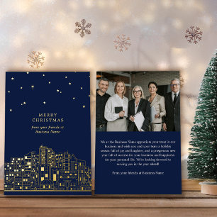 Tarjeta Festiva Con Relieve Metalizado Starlit City Elegant Corporate Merry Christmas