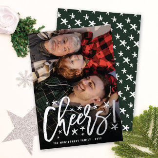 Tarjeta Festiva Con Relieve Metalizado Starry Cheers Brush Script Moderna Foto de Año Nue