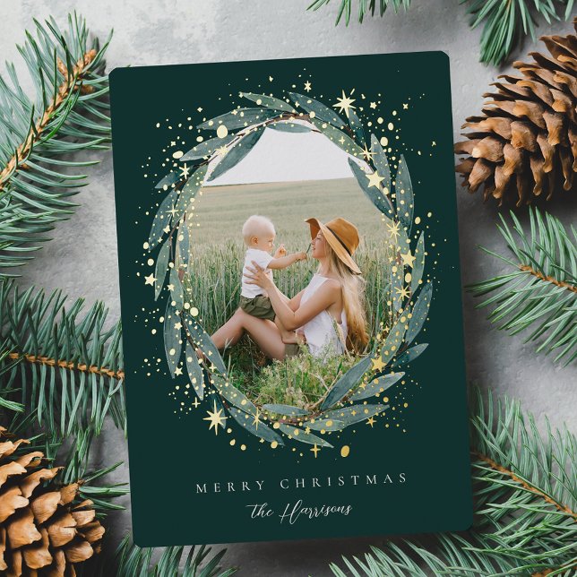 Tarjeta Festiva Con Relieve Metalizado Starry Winter Laurel | Foto (Subido por el creador)