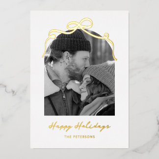 Tarjeta Festiva Con Relieve Metalizado Stylish Bow Arch Couple Christmas Photo Gold