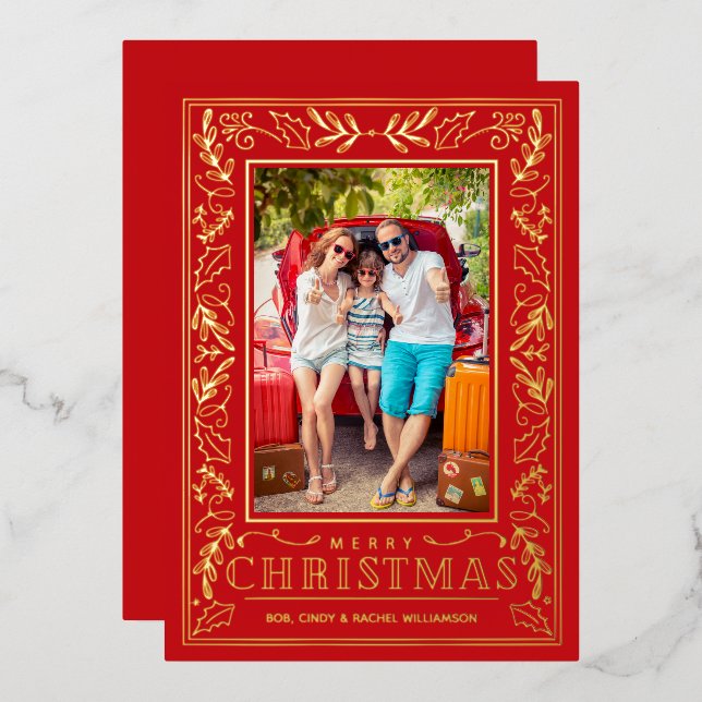 Tarjeta Festiva Con Relieve Metalizado Stylish Greenery Christmas Photo Gold (Anverso/Reverso)
