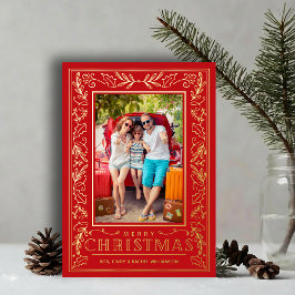 Tarjeta Festiva Con Relieve Metalizado Stylish Greenery Christmas Photo Gold