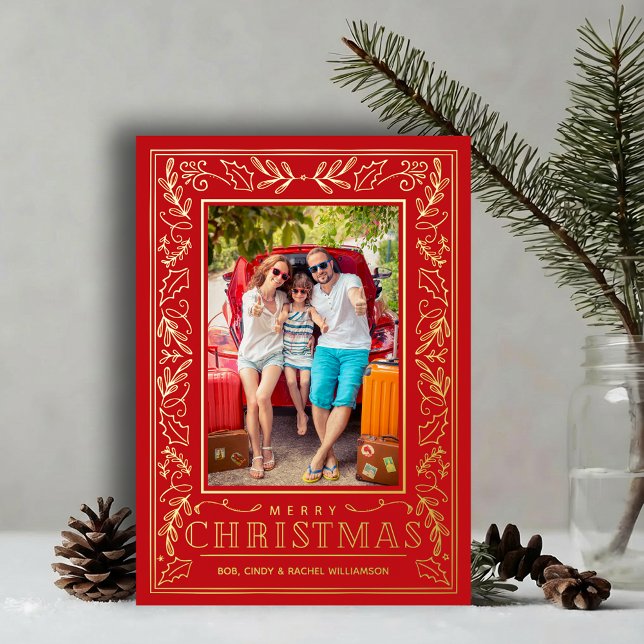 Tarjeta Festiva Con Relieve Metalizado Stylish Greenery Christmas Photo Gold (Stylish REAL GOLD FOIL winter foliage border on red photo Christmas holiday cards)