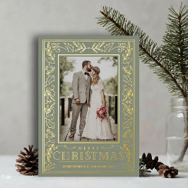 Tarjeta Festiva Con Relieve Metalizado Stylish Greenery Christmas Photo Gold