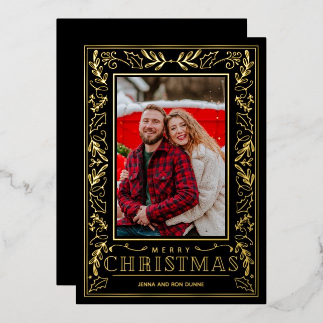 Tarjeta Festiva Con Relieve Metalizado Stylish Greenery Christmas Photo Gold (Anverso/Reverso)