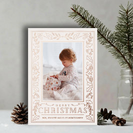 Tarjeta Festiva Con Relieve Metalizado Stylish Greenery Christmas Photo Rose Gold