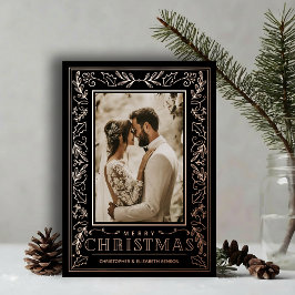 Tarjeta Festiva Con Relieve Metalizado Stylish Greenery Christmas Photo Rose Gold