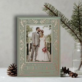 Tarjeta Festiva Con Relieve Metalizado Stylish Greenery Christmas Photo Rose Gold