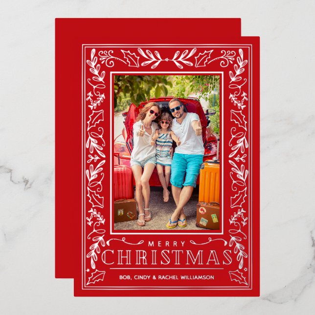 Tarjeta Festiva Con Relieve Metalizado Stylish Greenery Christmas Photo Silver (Anverso/Reverso)