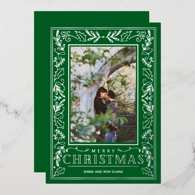 Tarjeta Festiva Con Relieve Metalizado Stylish Greenery Christmas Photo Silver (Anverso/Reverso)