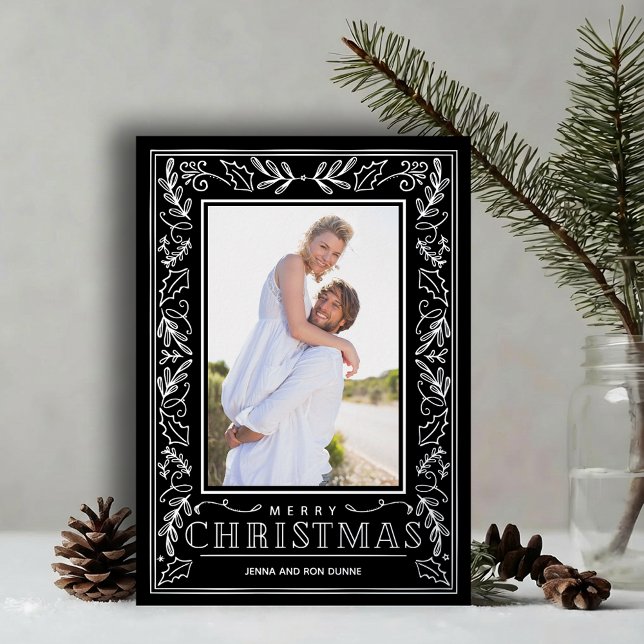 Tarjeta Festiva Con Relieve Metalizado Stylish Greenery Christmas Photo Silver (Stylish REAL SILVER FOIL winter foliage border photo   Christmas holiday cards)